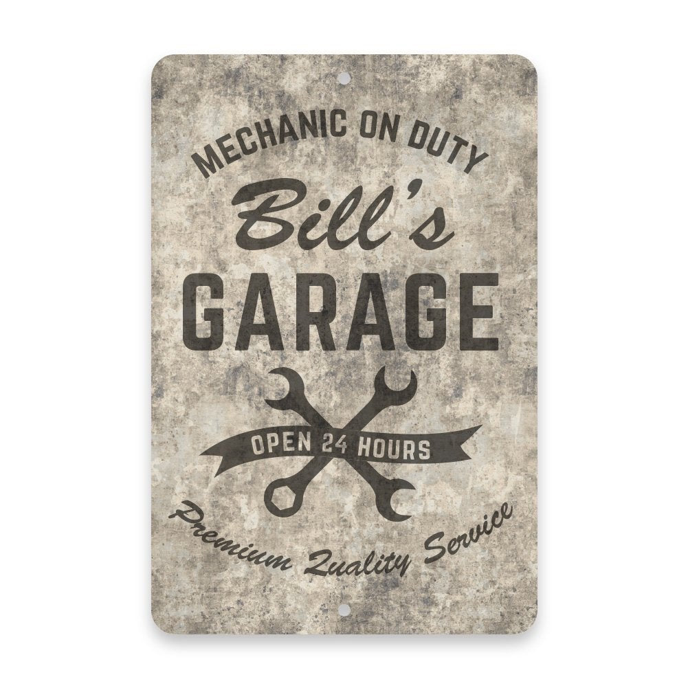 Personalized Concrete Grunge Mechanic on Duty Garage Metal Room Sign