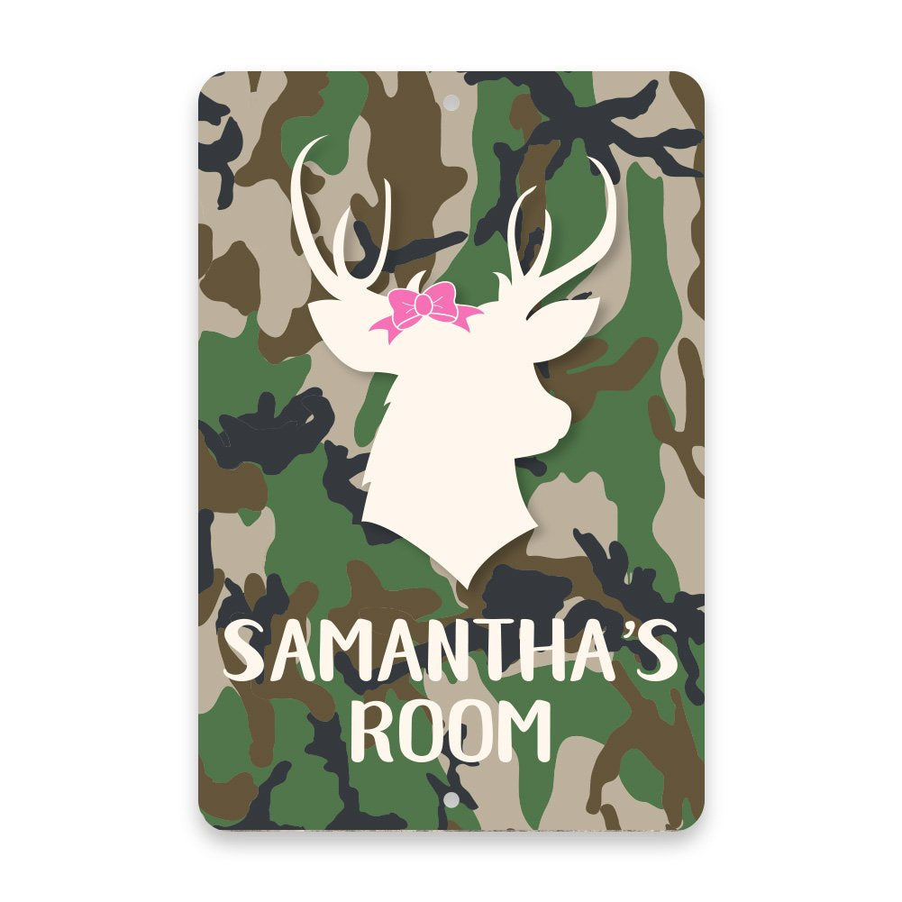Personalized Camo Stag Head with Bow Metal Room Sign
