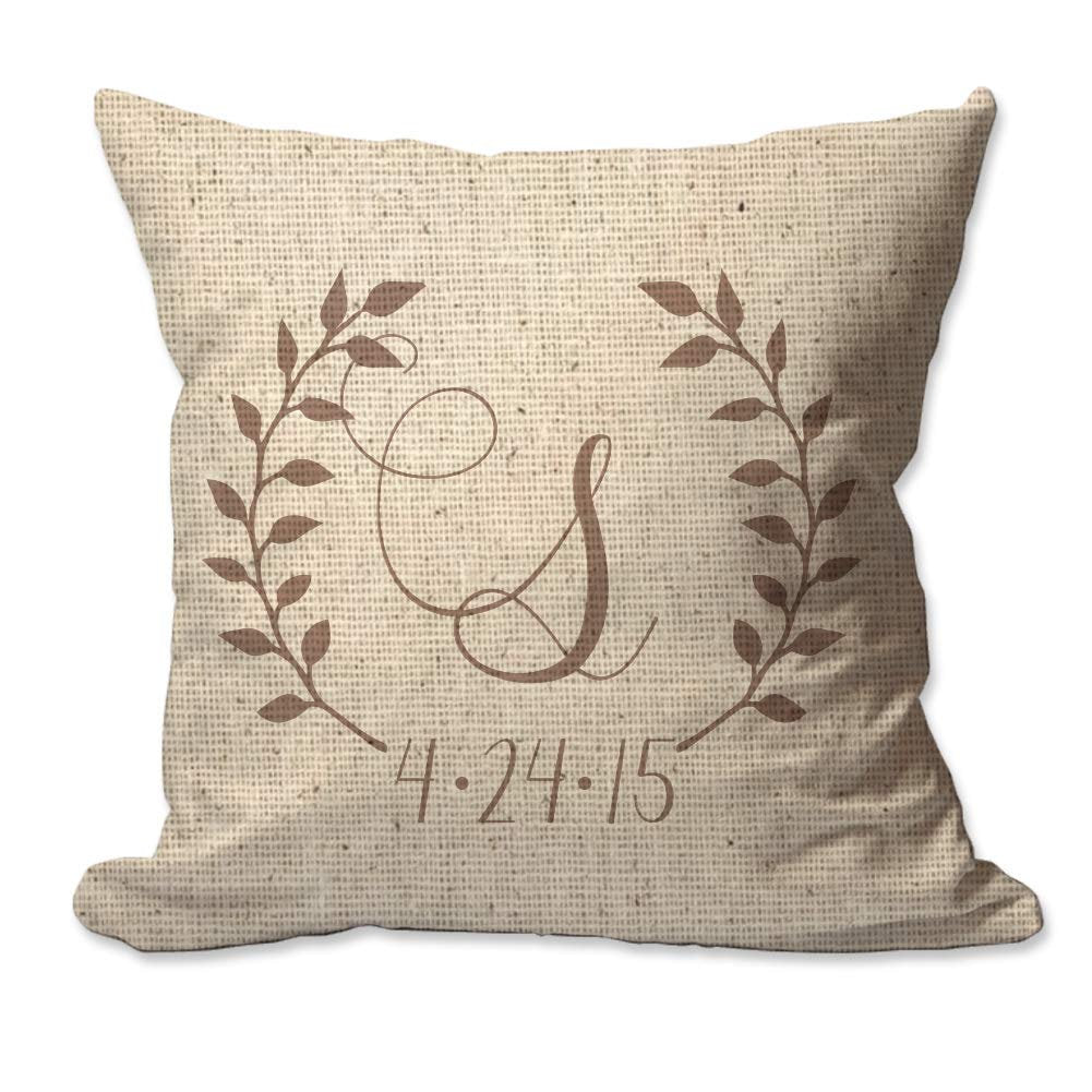 Personalized Script Initial and Date Laurel Wreath Textured Linen Throw Pillow  - Cover Only OR Cover with Insert