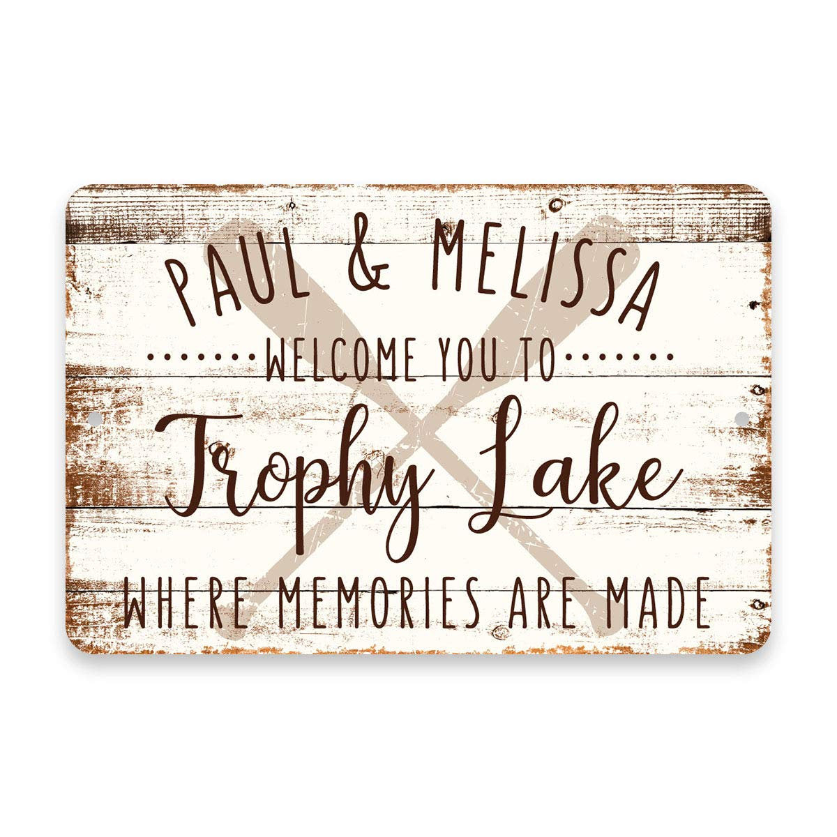 Personalized Welcome to Trophy Lake Where Memories are Made Sign - 8 X 12 Metal Sign with Wood Look