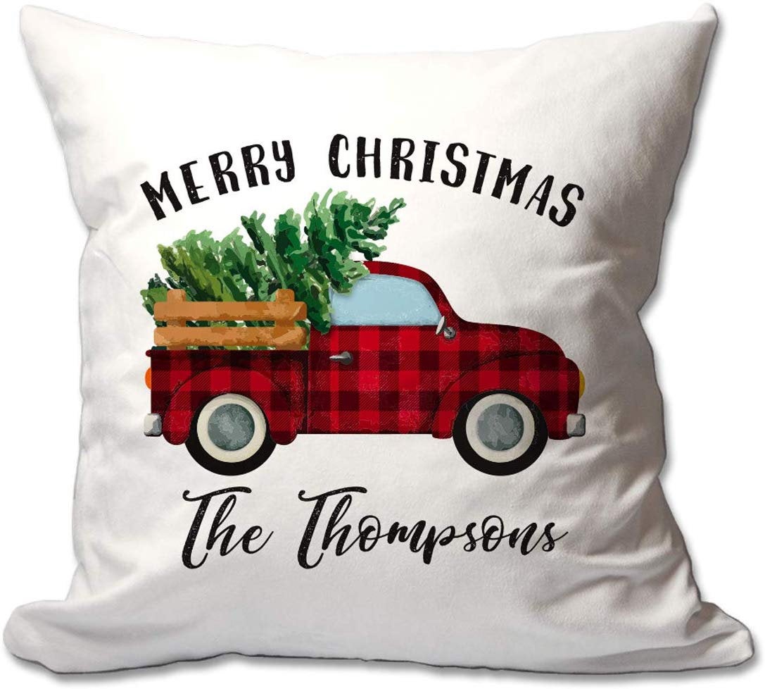 Personalized Family Christmas Tree in Truck 17 X 17 Throw Pillow  - Cover Only OR Cover with Insert