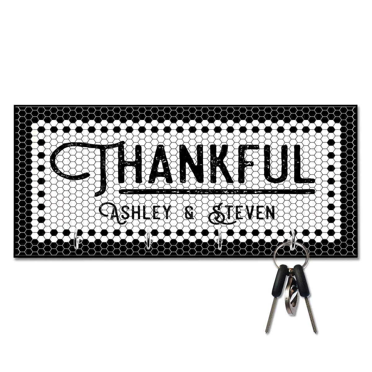 Personallized Black and White Tile Look Look - Thankful - Key Hanger