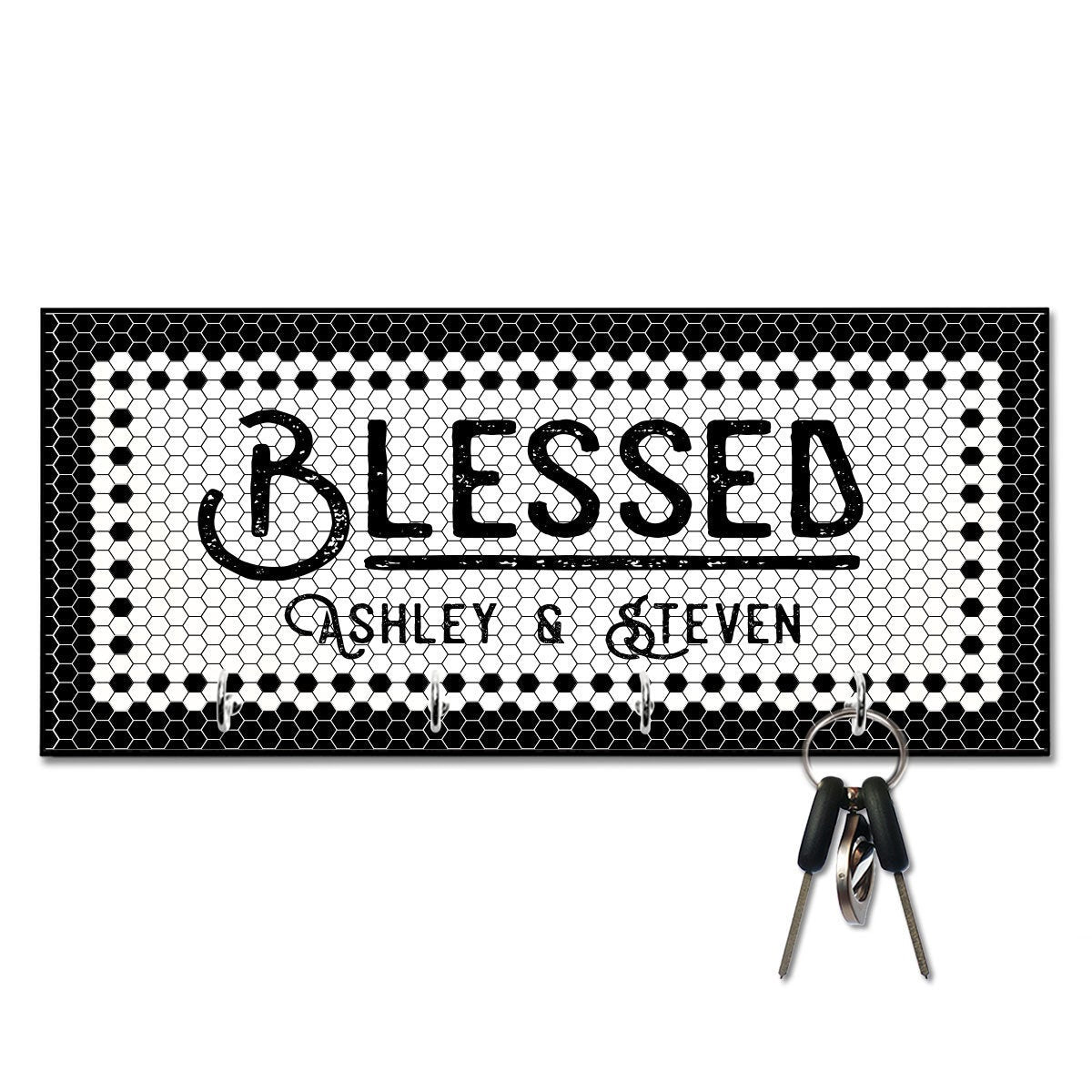 Personallized Black and White Tile Look Look - Blessed - Key Hanger