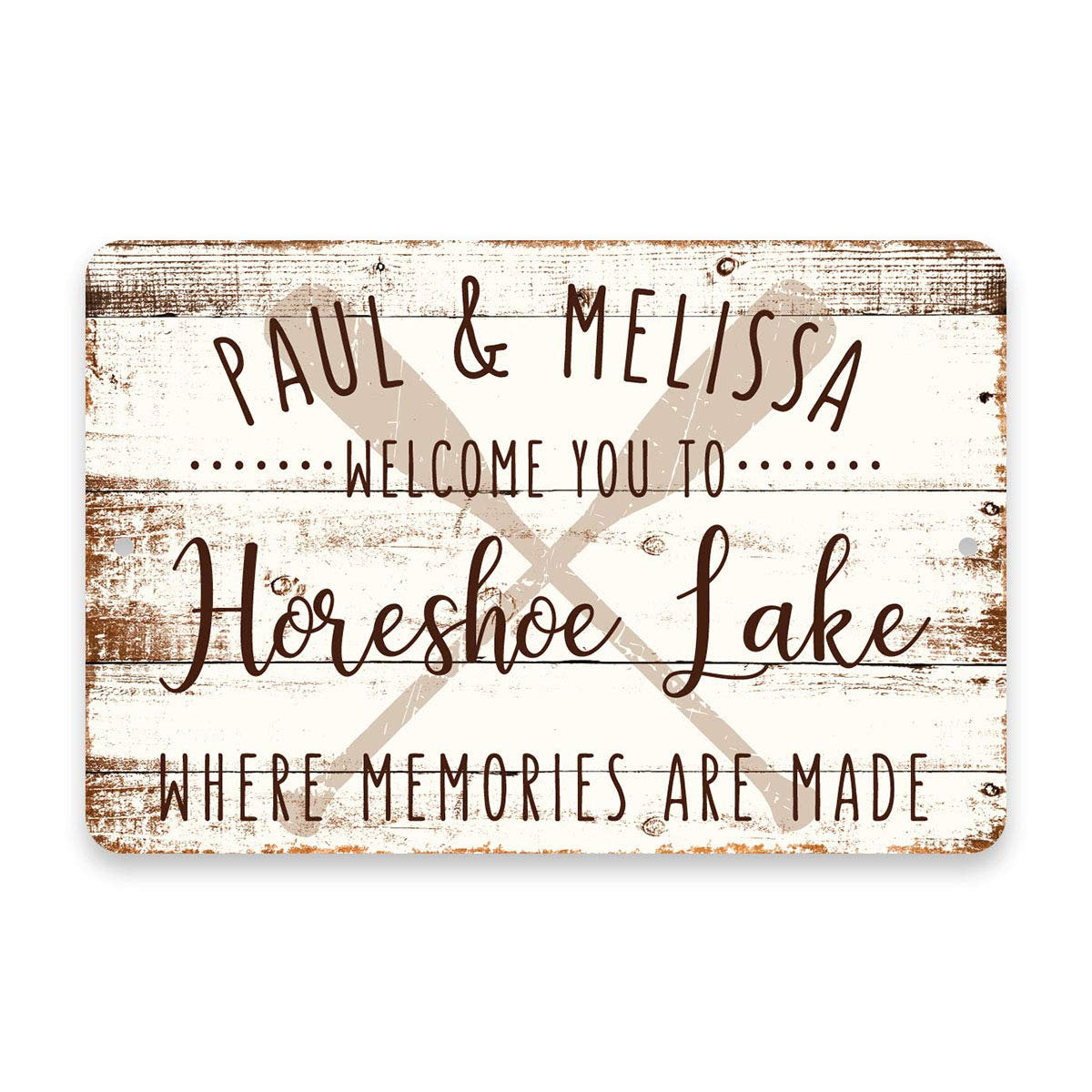Personalized Welcome to Horeshoe Lake Where Memories are Made Sign - 8 X 12 Metal Sign with Wood Look